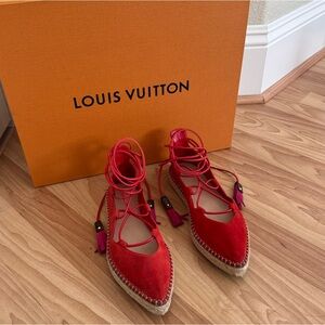 Louis Vuitton Red Suede Lace Up Espadrille Flats